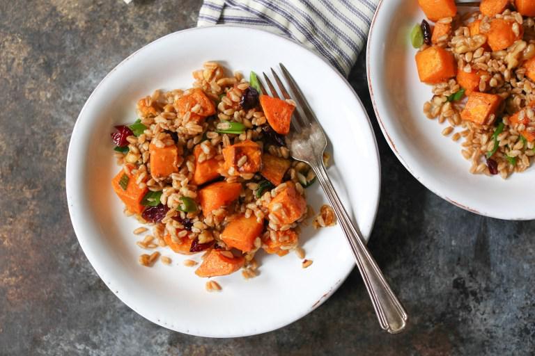 fall farro salad with butternut squash walnuts and cranberries